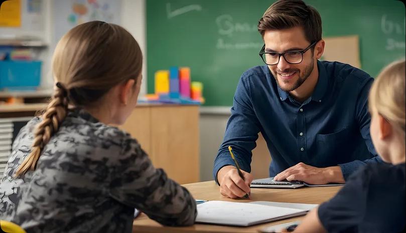 Teacher helping students in classroom